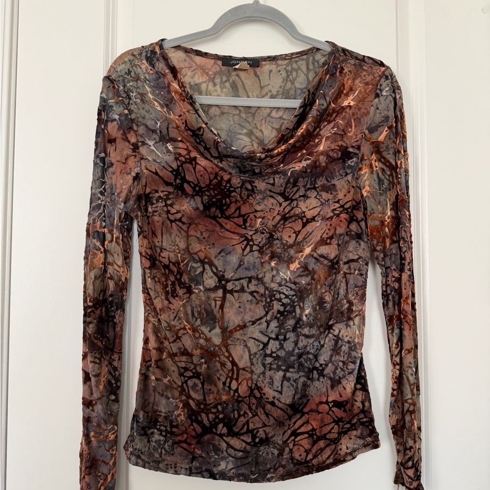 Vintage Multi-Print Cowl Neck Long Sleeve Top